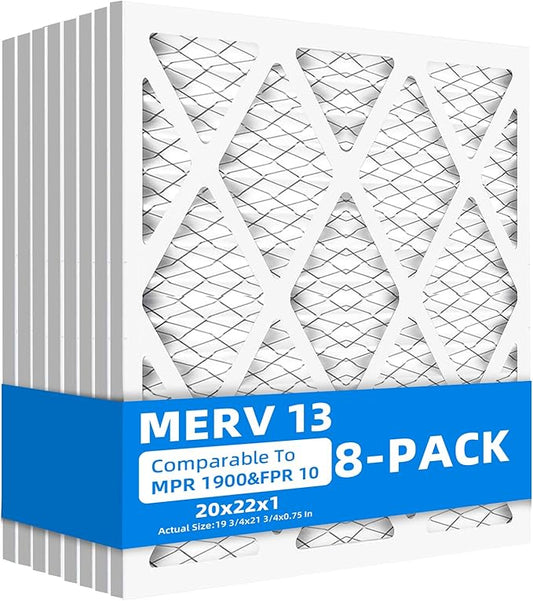 (8 Pack) 20x22x1 Furnace Air Filters, MPR 1900 & FPR 10, MERV 13 Pleated Air Filter (Actual Size: 19 3/4"x21 3/4"x3/4")