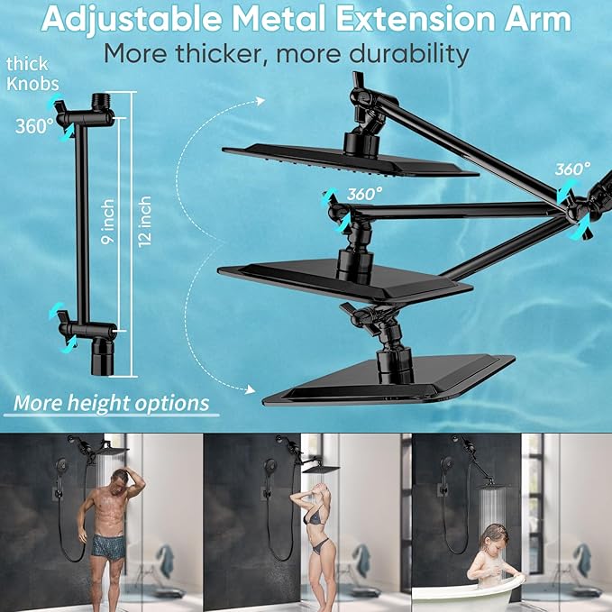 8'' Dual 20 Stage Filtered Shower Head with Handheld, 6 Spray Settings Handheld Shower Head High Pressure Rainfall Filter Combo with 12'' Adjustable Extension Arm, 71'' Shower Hose (Matte Black)