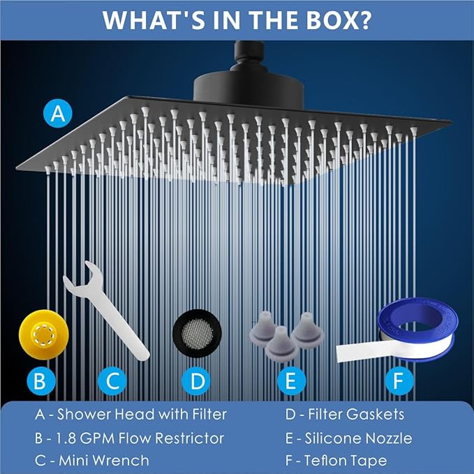 Voolan Rain Shower Head with Filtered - High Flow Large Rainfall Shower Heads Made of Stainless Steel - Waterfall Showerhead Filter For Hard Water(12" Matte Black)