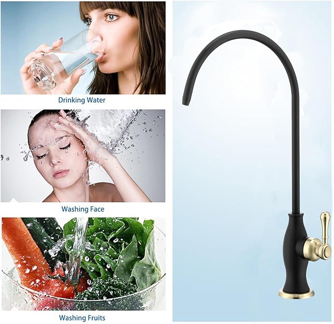 Delle Rosa Drinking Water Faucet, Solid Brass Kitchen Water Filter Faucet, Commercial Water Filtration Faucet for Under Sink Water Filter System Black& Gold