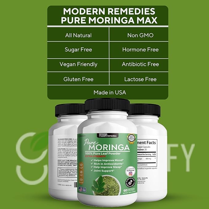 Modern Remedies Pure Moringa Max Leaf Powder Supplement, 800mg, 60 Capsules, Extra Strength for Mood, Sleep and Joint Support, Gluten Free (5)