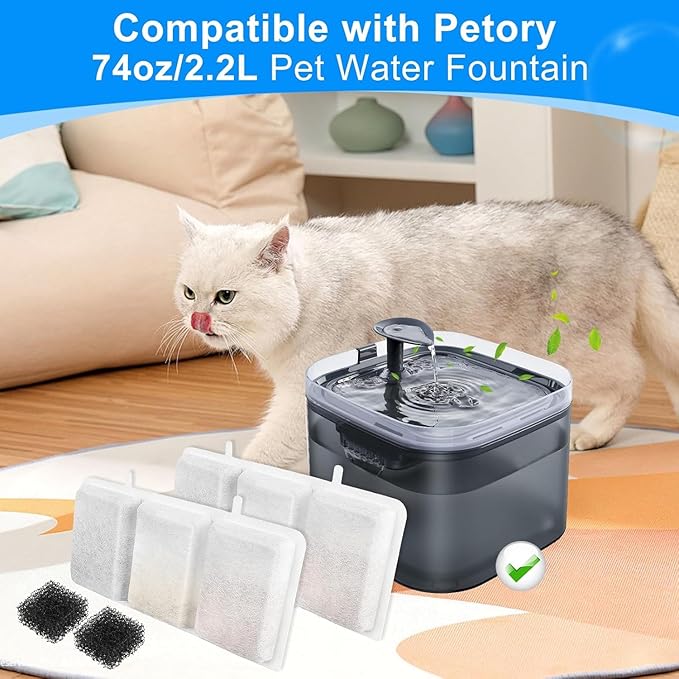 20PCS Filters Compatible with Petory Cat Water Fountain - 74oz/2.2L Automatic - 10PCS Cat Fountain Filter Replacement & 10PCS Foam Filter