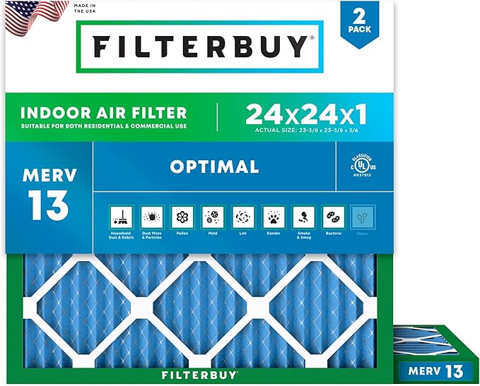 Filterbuy 24x24x1 Air Filter MERV 13 (MPR 1900) Health Defense Replacement (2-Pack), Electrostatic Pleated HVAC AC Furnace Filters, Made in USA (Actual Size: 23.38 x 23.38 x 0.75)