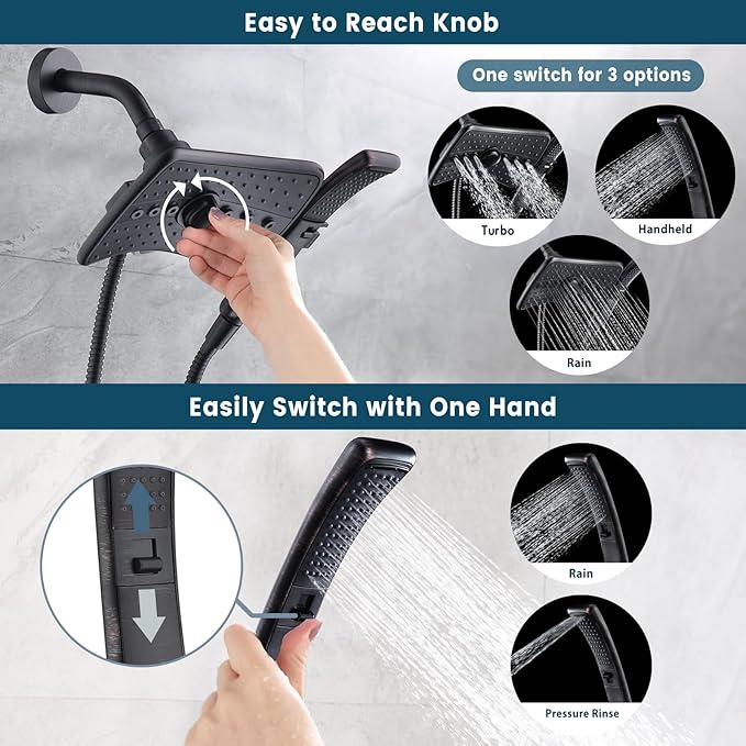 BRIGHT SHOWERS High Pressure Dual Shower Head Combo, Oil Rubbed Bronze Rainfall Showerhead with Detachable Handheld, 60" Stainless Steel Hose, Four Spray Settings
