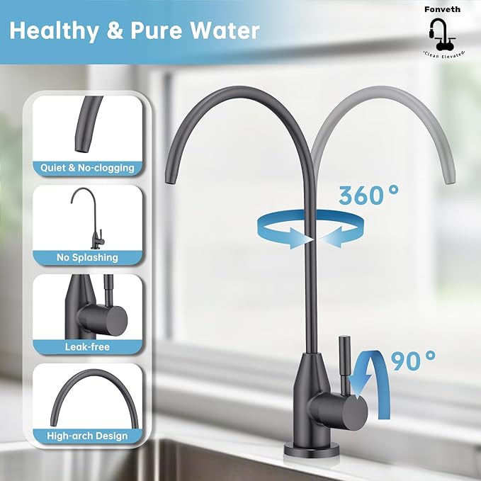Drinking Water Faucet, Gunmetal Grey Faucet Stainless Steel for Under Sink Water Filter System Reverse Osmosis Non-Air Gap for Kitchen