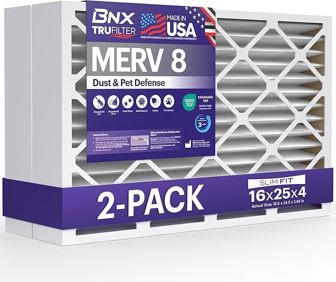 BNX TruFilter 16x25x4 (15.5’’ x 24.5’’ x 3.63‘’ Slim Fit) MERV 8 Air Filter 2-Pack - MADE IN USA - Air Conditioner Furnace Filters HVAC AC Furnace Filters for Dust, Pet, Mold, Pollen MPR 600-700 FPR 5