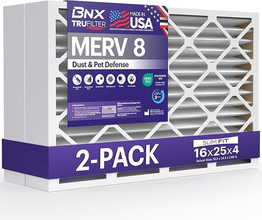 BNX TruFilter 16x25x4 (15.5’’ x 24.5’’ x 3.63‘’ Slim Fit) MERV 8 Air Filter 2-Pack - MADE IN USA - Air Conditioner Furnace Filters HVAC AC Furnace Filters for Dust, Pet, Mold, Pollen MPR 600-700 FPR 5