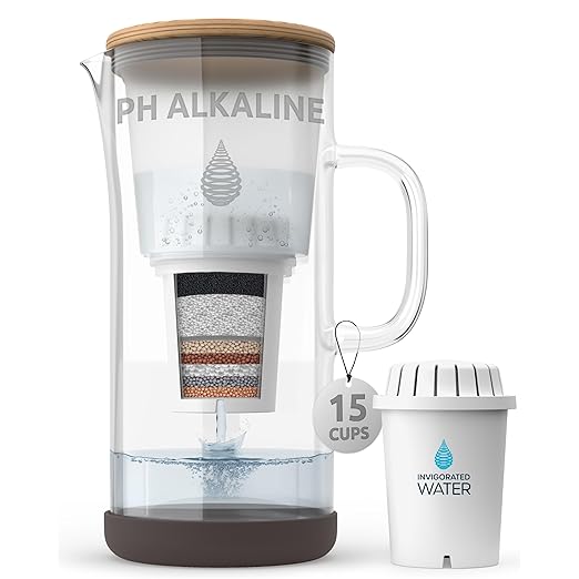 Invigorated Water pH Restore Glass Alkaline Water Pitcher - Long Lasting Water Filter Pitcher with Multi-Stage Filtration System - Glass Water Jug for High pH, Pure Drinking Water - 3.5 L / 118 Oz