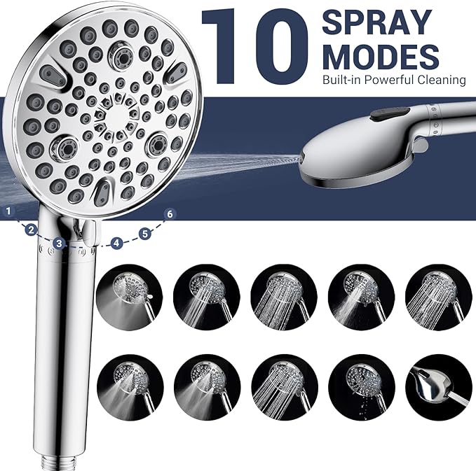 All Metal 3-Way Rain Shower Head,10 Spray High Pressure Showerhead Combo,Shower Filter Head For Hard Water, Adjustable Bar Upgrade Dual Shower Head-Reduces Dry Itchy Skin Chrome
