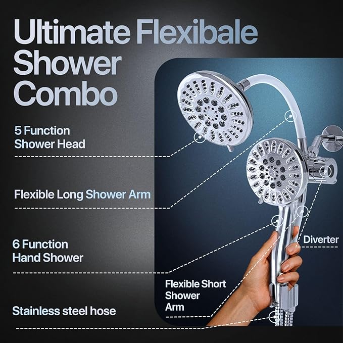 AQUAZEN® Dual Shower Head Combo | Adjustable Rainfall + Handheld Shower | 6 Spray Modes Each | Flexible Mount & Swivel Heads | 5ft Stainless Steel Hose | Premium Chrome Finish | Fits All US Showers