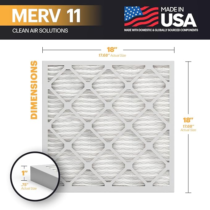 BNX TruFilter 18x18x1 Air Filter MERV 11 (6-Pack) - MADE IN USA - Allergen Defense Electrostatic Pleated Air Conditioner HVAC AC Furnace Filters for Allergies, Dust, Pet, Smoke, Allergy MPR 1200 FPR 7