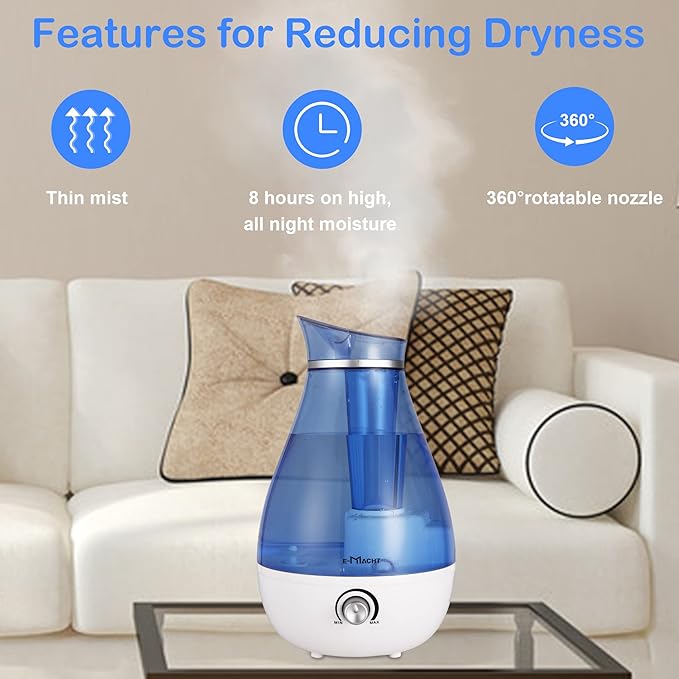 Cool Mist Humidifier - 2.5L Cool Mist Humidifiers for Bedroom Whisper Quiet, Ultrasonic Humidifiers for Baby & Nursery, Air Humidifier for Home Whole House, Easy to Clean, Plant Humidifier with 360° nozzle, Auto Shut-off