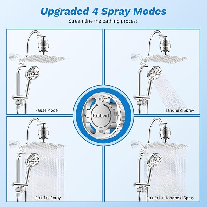 Hibbent Dual Filter All Metal 12" Rainfall Showerhead Combo, High Pressure Filter Shower Head with 10-Spray Mode Handheld, 4-way Diverter with Pause Mode, 71'' Shower Hose and Holder, Chrome