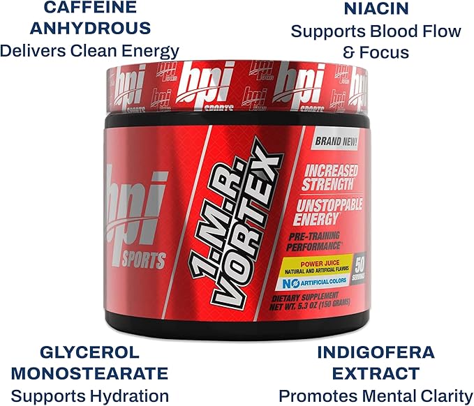 BPI Sports 1.M.R Vortex Pre Workout Powder – High Stim Preworkout for Men & Women with Glycerol, Caffeine, Niacin, and Herbal Extracts – Energy, Focus & Endurance – Power Juice – 50 Servings