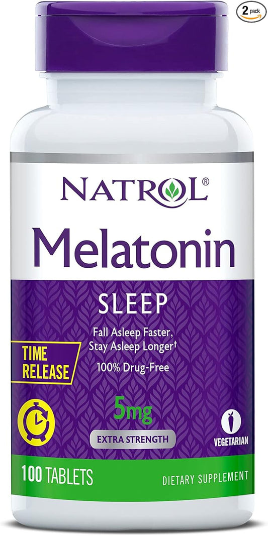 Natrol Time-Release Melatonin 5 mg, Dietary Supplement for Restful Sleep *, 100 Tablets (Pack of 2), 200 Day Supply