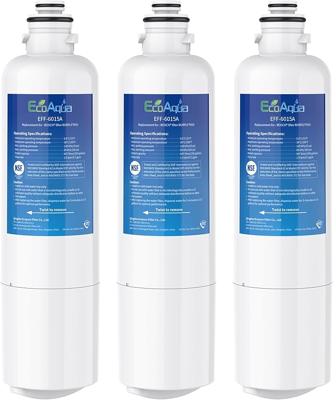 EcoAqua 11032531 Replacement for Bosch® Ultra Clarity® Pro BORPLFTR50, 12033030, 11025825, BORPLFTR55, B36CD50SNS, B36CT80SNS, B36CL80ENS, B36FD50SNS, WFC100MF, Refrigerator Water Filter, 3 Filters