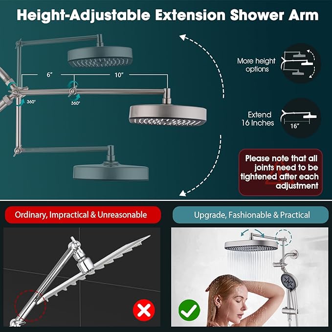 14" x 8" Rectangle High Pressure Rainfall Shower Head with Handheld Combo, 6 Setting Handheld Shower Head, Adjustable Height Shower Extension Arm and Slide Bar for Easy Reach - Brushed Nickel
