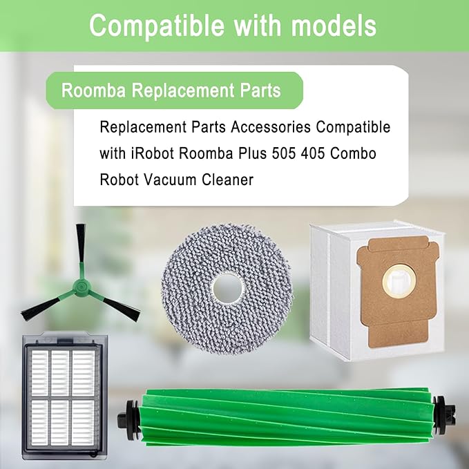 Replacement Parts Accessories Kit for iRobot Roomba Plus 505 Combo 405 Combo Robot Vacuum Cleaner, 2 Roller Brush, 6 Mop Pads, 6 Filters, 8 Side Brush, 8 Vacuum Bags
