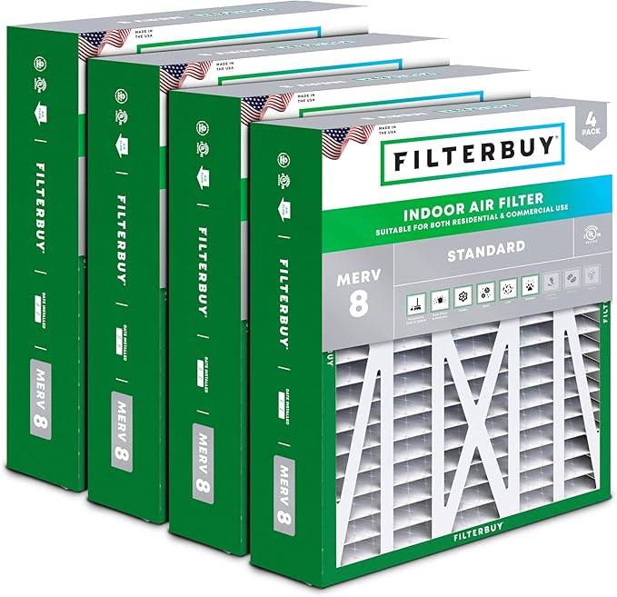 Filterbuy 20x23x5 Air Filter MERV 8 (MPR 700) Dust Defense (4-Pack), Pleated HVAC AC Furnace Filters for Bryant, Carrier, BDP, Day & Night, and Payne (Actual Size: 19.81 x 22.56 x 4.25)