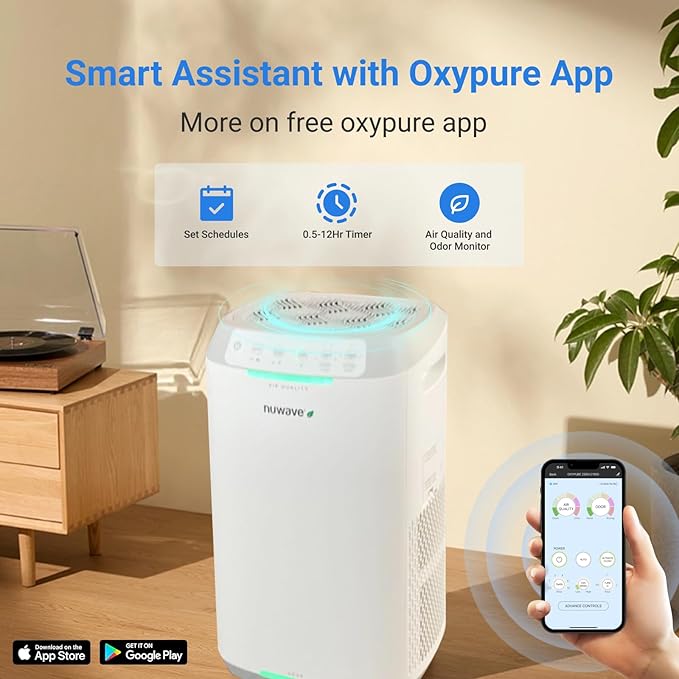 Nuwave Oxypure Zero E500 Air Purifier with Washable Reusable Filters for Large Room | Smart Air Cleaners 99.9% Removal 0.1 Micron Particles | Sleep Mode, 6 Fan Speed & Timer, App Control