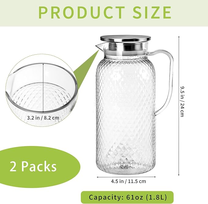 2 Pack Plastic Pitcher with Lid and Handle, 1.8L Clear Water Jug, BPA-Free Ice Tea Pitchers for Lemonade, Milk, Juice, Home, Office