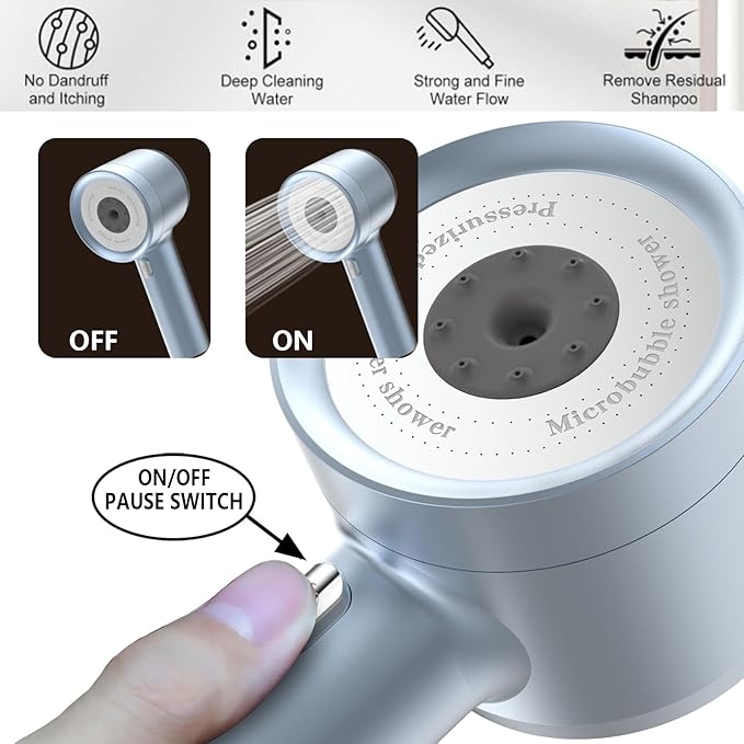 High Pressure Shower Head with Handheld, with Pause Switch 4 Spray Modes Water Saving Showerhead,Showerhead Set with Hose, Bracket and Cotton Filter, (blue)