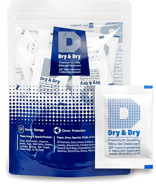 [80 Packets] 5 Gram "Dry & Dry" Premium Pure & Safe Silica Gel Packets Desiccant Dehumidifiers - Rechargeable Paper(FDA Compliant)