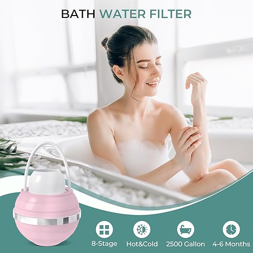 Bath Filter for Tub - 8 Stages Bath Water Filter for Tub Faucet, Hard Water Softener to Remove contaminants, Chlorineand Fluoride, 2,500 Gallons of Filtration, BPA Free (Pink)