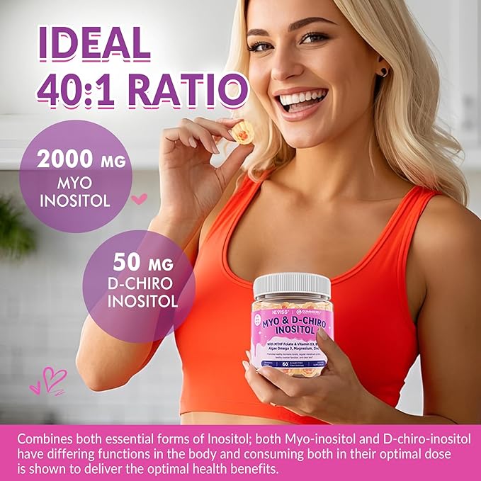 Myo-Inositol & D-Chiro Inositol, Hormone Balance for Women | Sugar Free Inositol Gummies w/Omega 3, MTHF Folate, Vitamin D3, B12, Magnesium & Zinc for Ovarian Health, Ideal 40:1 Ratio, Vegan, 60 Cts
