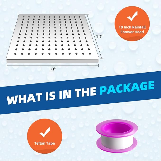 Hibbent Thickness Metal Rain Shower Head, 10 Inch High Pressure Rainfall Shower Head, Square Large Bathroom Waterfall Shower Heads, High Flow Fixed Showerheads with Adjustable Brass Ball Joint, Chrome