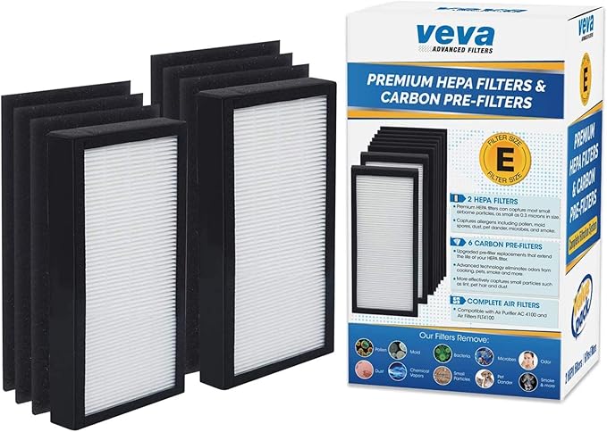 Veva HEPA Filter E Replacement (2 Pack) Compatible with Germ Guardian Air Purifier AC4100 / FLT4100. Pack of 2 HEPA Filters / 6 Carbon Pre-Filters.