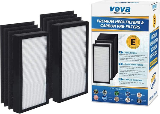 Veva HEPA Filter E Replacement (2 Pack) Compatible with Germ Guardian Air Purifier AC4100 / FLT4100. Pack of 2 HEPA Filters / 6 Carbon Pre-Filters.