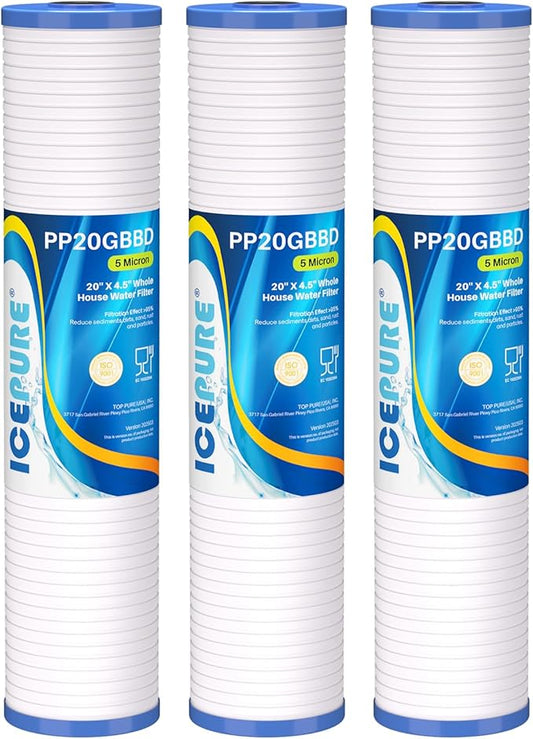 ICEPURE 5 Micron 20" x 4.5" Whole House Grooved Sediment Water Filter Cartridge Replacement for AP810-2, DGD-5005-20, CFDGD2501-20BB, SDC-45-2005, RS18-20, 3Pack