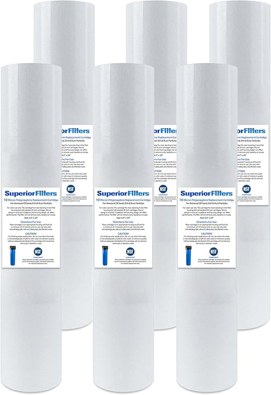 10 Micron Sediment Filter - Whole House Water Filter Cartridge - 4.5 x 20-inch Replacement - Compatible with All Whole House Water Filter System - (20 X 4.5, 6 Count)