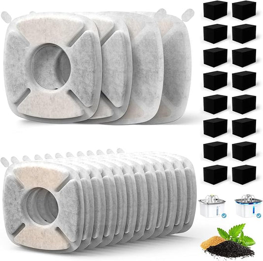 16 Pack Cat Water Fountain Filter Compatible with 67/95/135/85oz Automatic Pet Dispenser, Triple Filtration Dog Fountain Filter (C 16Filters + 16Sponges)