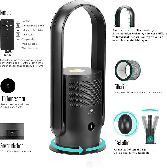ULTTY Bladeless Tower Fan and Air Purifier in one, 90° Oscillating Bladeless Fan with Remote, Touch, 8H Timer, Floor Fans for Bedroom Whole Room Home Office R021, Black