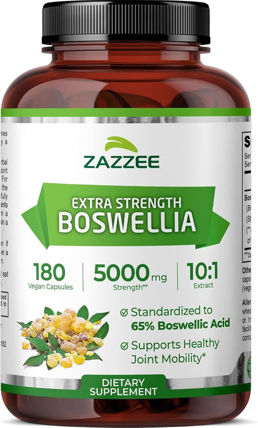 Zazzee Extra Strength Boswellia Serrata 10:1 Extract, 5000 mg Strength, 65% Boswellic Acid, 180 Vegan Capsules, 6 Month Supply, Standardized 10X High Potency, 100% Vegetarian, All-Natural, Non-GMO