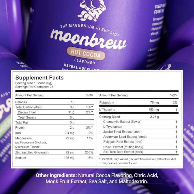 MoonBrew Nighttime Magnesium Hot Cocoa, Natural Sleep Aid Drink Mix for Adults, 3-Pack - Calming Melatonin-Free Sleep Support - Sleepy Hot Chocolate Powder with L-Theanine, Chamomile & Zinc Glycinate