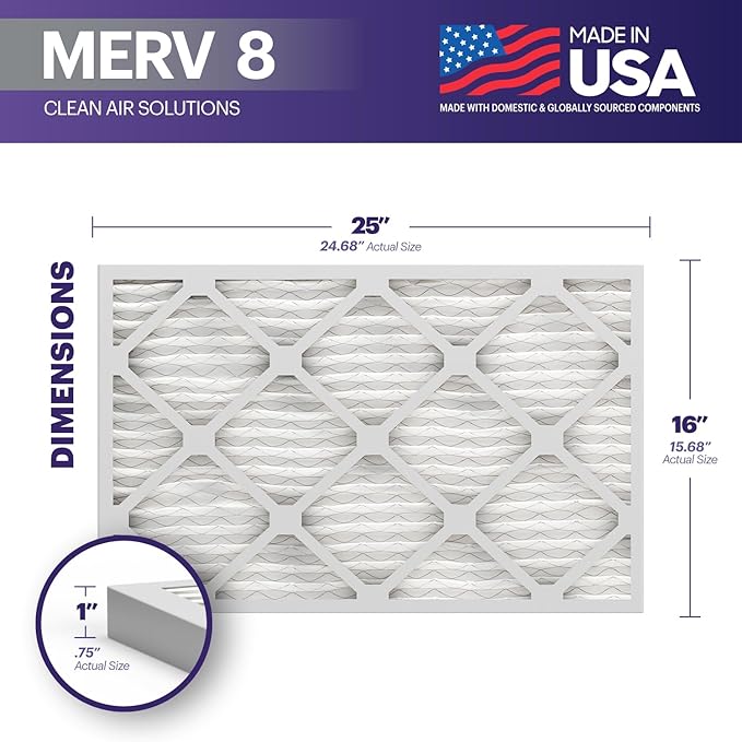 BNX TruFilter 16x25x1 Air Filter MERV 8 (12-Pack) - MADE IN USA – Dust & Pet Defense Electrostatic Pleated Air Conditioner HVAC AC Furnace Filters for Dust, Pet, Mold, Pollen MPR 600 – 700 & FPR 5