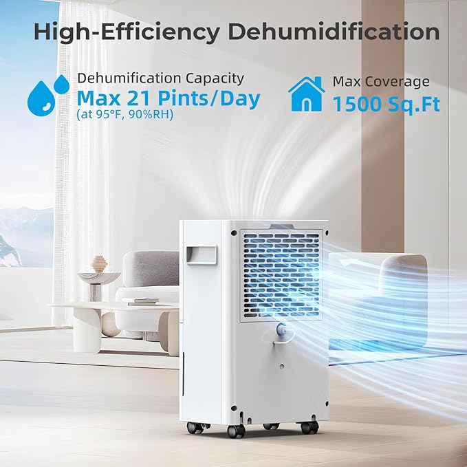 1500 Sq.ft Dehumidifier for Basement, PlUSCENT Max 21 Pint/Day Dehumidifiers for Home, Large Room, Bedroom with Drain Hose, Smart Humidity Control & Monitor, 3 Operation Modes, 24H Timer, Auto Defrost