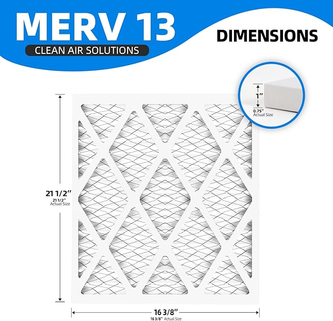 (6 Pack) 16 3/8x21 1/2x1 Furnace Air Filters, MPR 1900 & FPR 10, MERV 13 Pleated Air Filter (Actual Size: 16 3/8"x21 1/2"x3/4")
