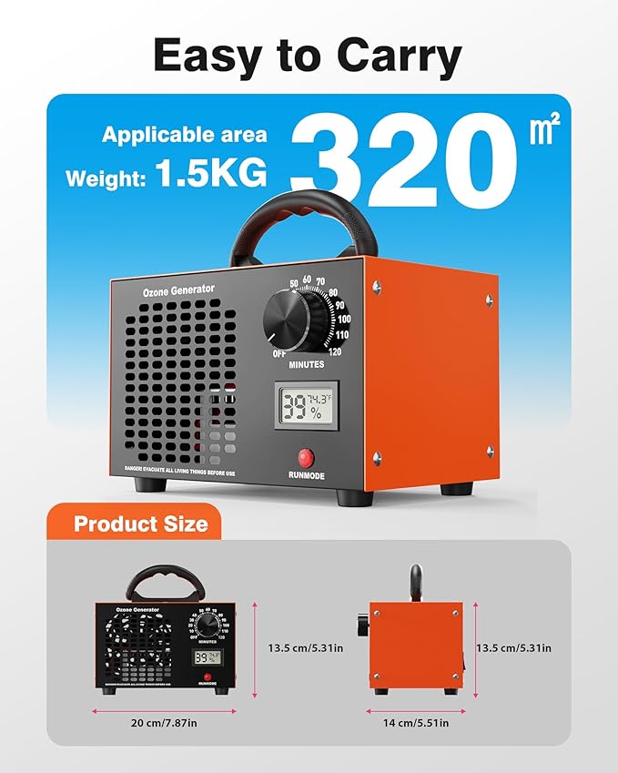 Ozone Generator - 60000 mg/h Ozone Generator for Large Spaces up to 5000 Sq.Ft, Air Purifier with Temp & Humidity Display, 120-Min Timer, Ozone Machine for Cars, Homes, Hotels, Kitchens & Pet Areas