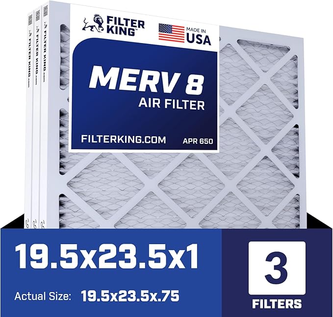 Filter King 19.5x23.5x1 Air Filter | 3-PACK | MERV 8 HVAC Pleated A/C Furnace Filters | MADE IN USA | Actual Size: 19.5 x 23.5 x .75"