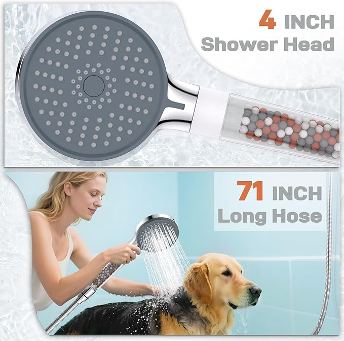 YDmeet Filtered Handheld Showerhead with Shower Holder Set, 3-Mode Spray Setting, Long Metal Hose, Extra 6 Packs Replacement Mineral Balls for Refills, Chrome