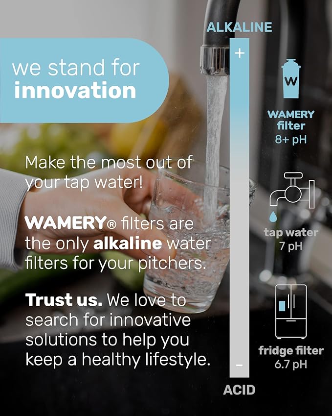 Wamery Alkaline Pitcher Water Filter Replacement - Single Filter, Improves pH & Taste, 42‑Gallon Capacity, Coconut Activated Carbon with Mineral Layer, Leak‑Free Fit, Easy Install, BPA‑Free