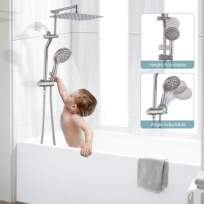 12" x 8" Rectangle High Pressure Rainfall Shower Head with Handheld Combo, 9 Setting Handheld Shower Head, Adjustable Height Shower Extension Arm and Slide Bar for Easy Reach - Brushed Nickel