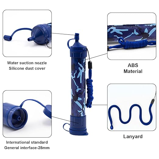 Water Filter Camping, Personal Backpacking Water Filter Straw Portable for Hiking Travels (Blue Camouflage)