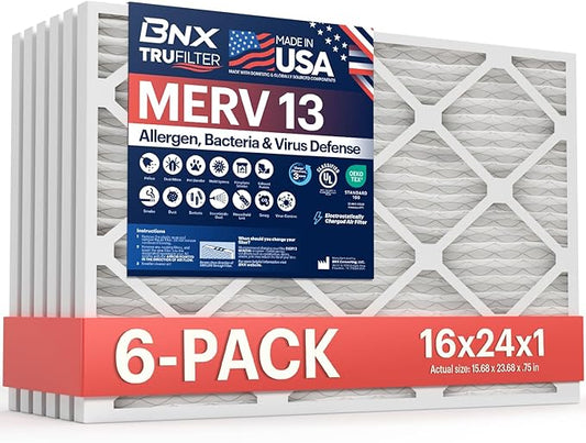 BNX TruFilter 16x24x1 Air Filter MERV 13 (6-Pack) - MADE IN USA - Electrostatic Pleated Air Conditioner HVAC AC Furnace Filters for Allergies, Pollen, Mold, Bacteria, Smoke, Allergen, MPR 1900 FPR 10