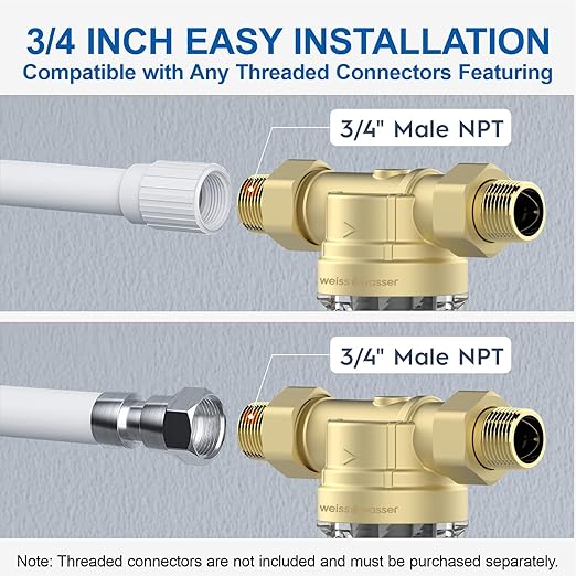 Weisswasser Sediment Filter, 90 Micron Reusable Spin Down Sediment Water Filter with Anti-Clog Disc Filtration, Pre-Filtration, Whole House Water Filter for Well Water, 3/4" MNPT