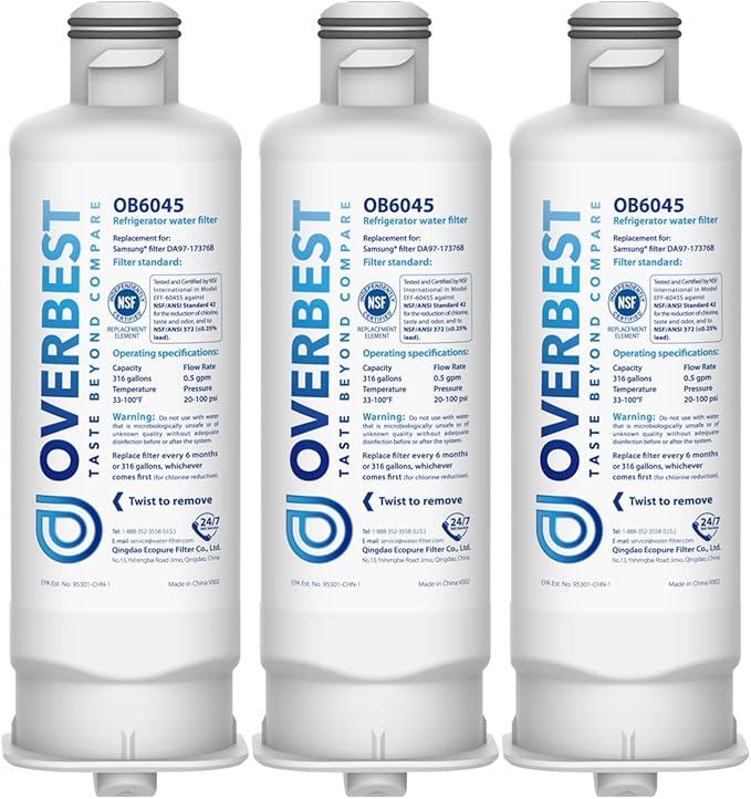 Overbest DA97-17376B Replacement for Samsung® HAF-QIN/EXP, HAF-QIN, DA97-08006C, RF28R7201SR, RF28R7351SG, RF23M8070SR, RF23M8090SG, OB6045, Refrigerator Water Filter (Pack of 3)